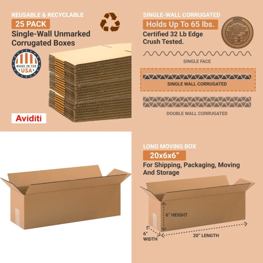 

Shipping Boxes Large 20"L x 6"W x 6"H 25-Pack - Corrugated Cardboard Box for Moving, Mailing, Packing, Packaging and Storage