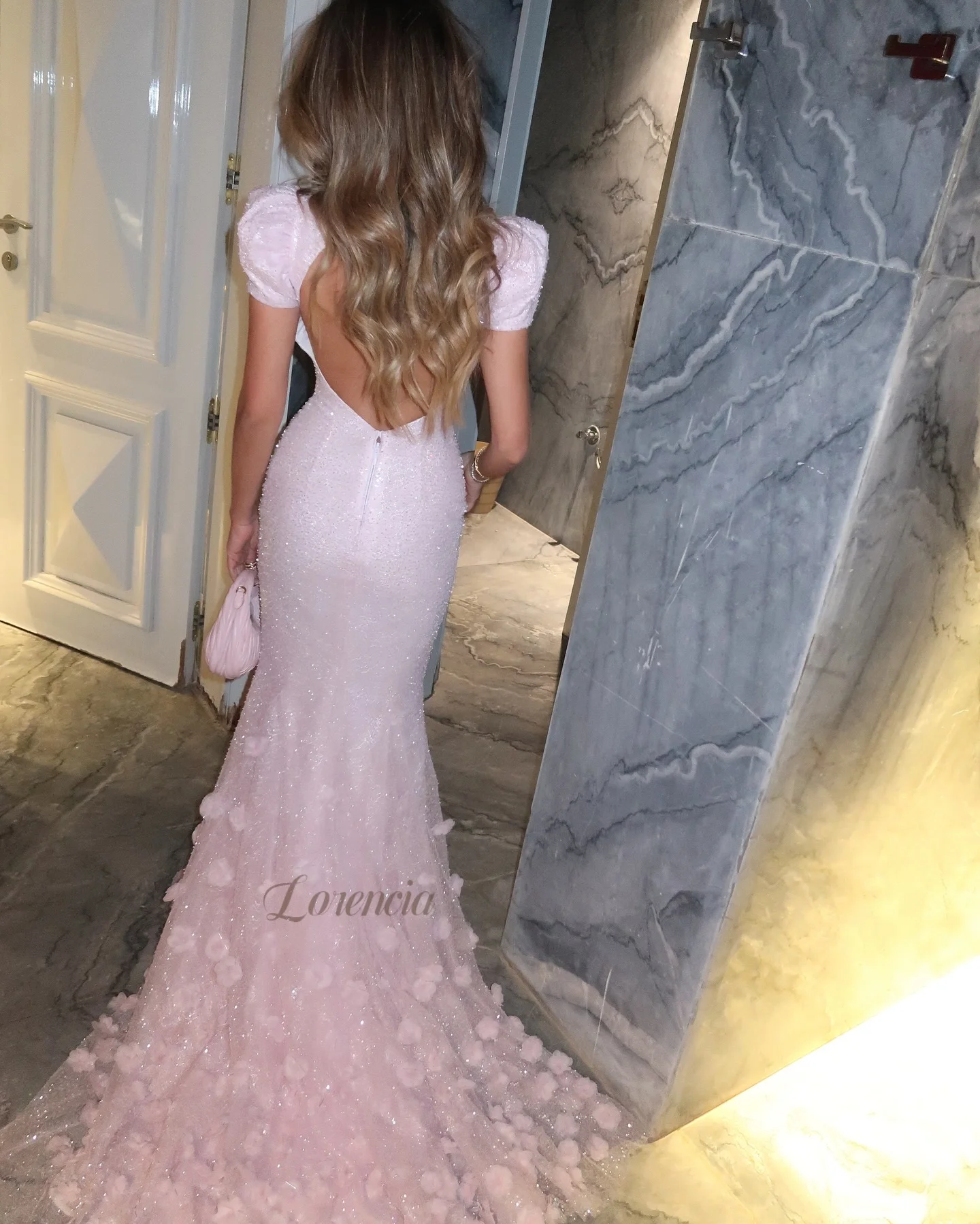 Lorencia Pink Sequin Tulle Mermaid Evening Dresses Short Sleeves 3D Flowers Fitted Formal Party Gowns Open Back Customized