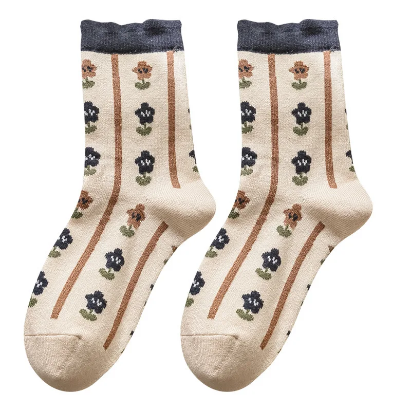 

Женские спортивные носки в стиле ретро, винтажные милые кавайные носки с цветочным принтом, модные длинные носки в корейском стиле для школьниц, носки