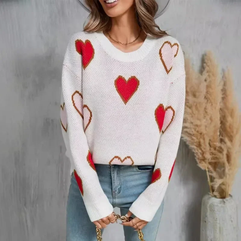 Casual Loose Love Knitted Hoodie Sweater for Winter Women's Sweater 2024 New Lover's Love Long Sleeve Sweaters for Woman Tops