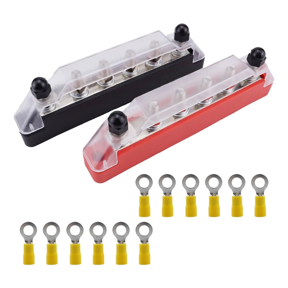 Bus Bar Marine 12V - 48V Power Distribution Block with Cover with 6 x 1/4” (M6) Post,Battery 12V Bus Bar with Ring Terminals