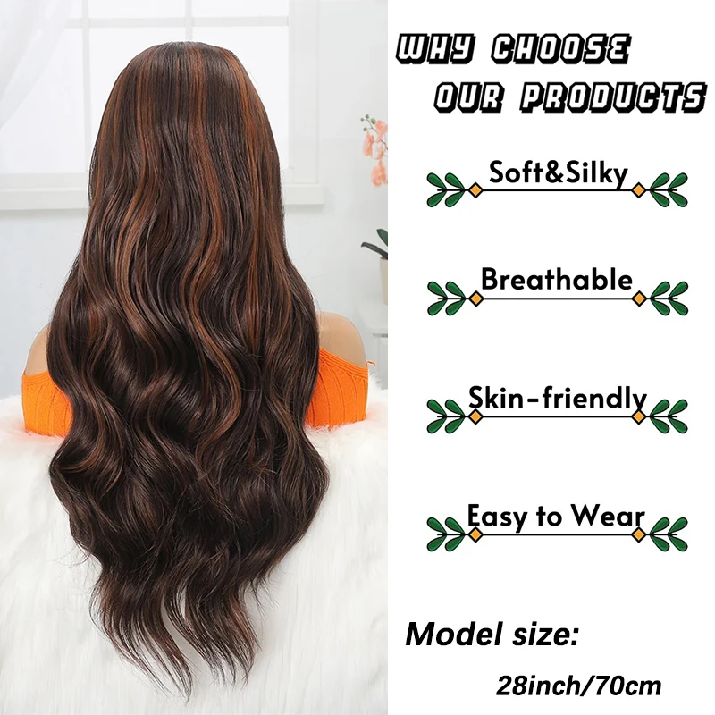 Synthetic Lace Front Wig Dark Brown Blonde Wig Long Wavy 28 