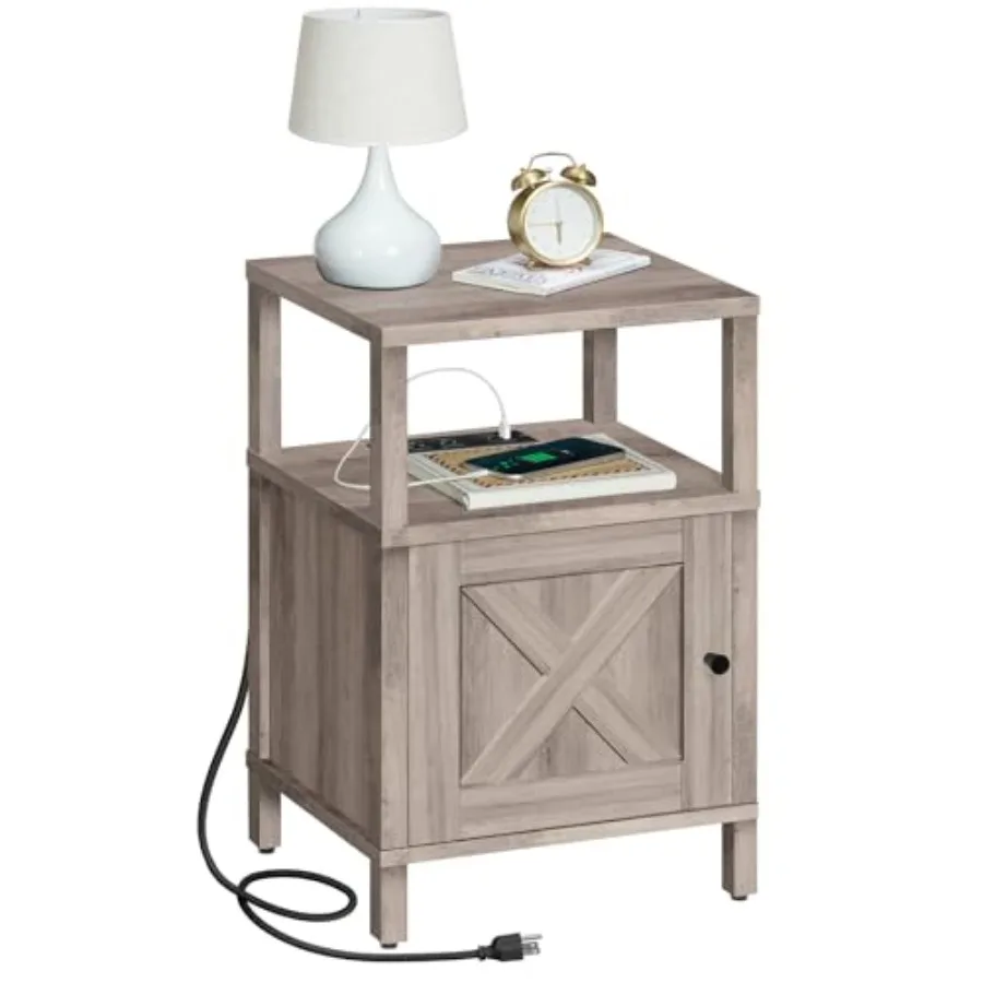 

Прикроватная тумбочка в стиле фермерского дома с зарядной станцией, USB-портами Type-C и розетками, тумба-столик с местом для хранения