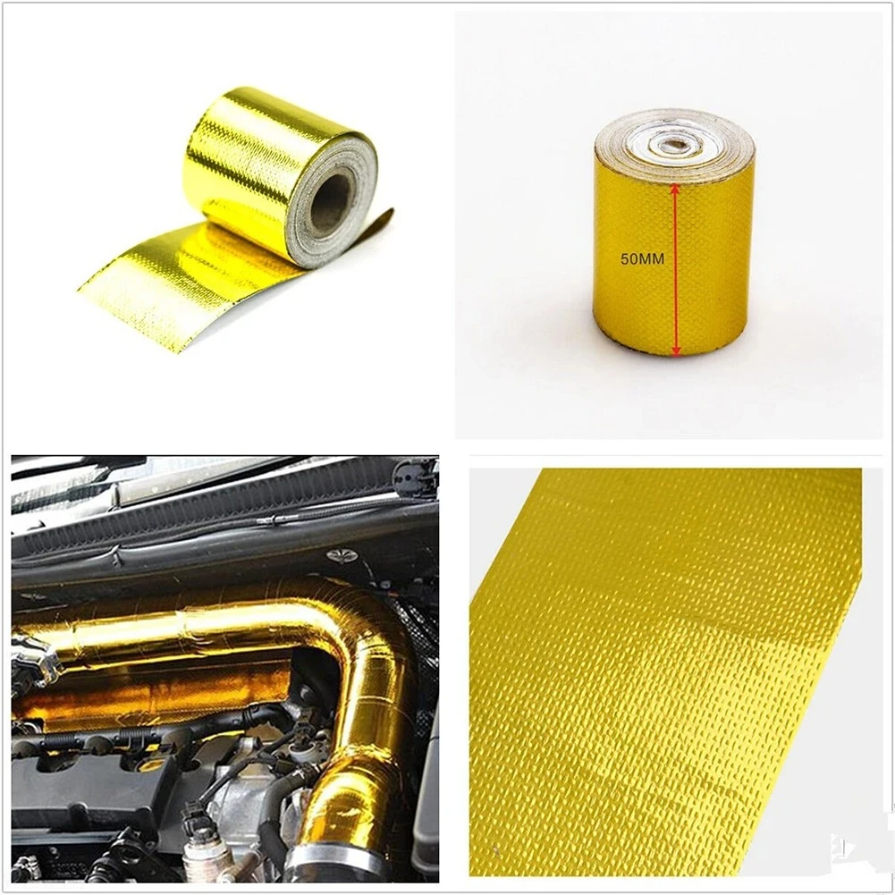5m Self Adhesive Heat Shield Wrap Automotive Exhaust Tube Insulation Tape Golden Heat Barrier Self Adhesive Engine Gold view 2