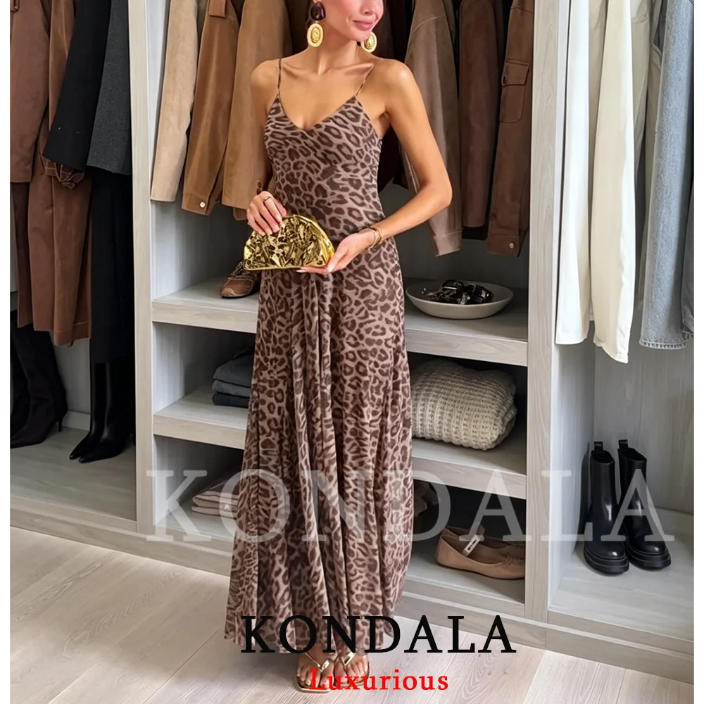 KONDALA Vintage Sexy Women Long Cami Chiffon Dress Leopard Beach Holiday Party Dress Fashion 2026 Spring Summer Elegant Dress - Image 3