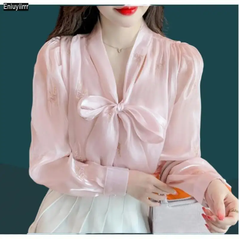 

Hot Sales 2023 Women Fashion Elegant Office Lady Work Button Shirt Casual Lace-Up Bow Tie Pink Tops Blouses