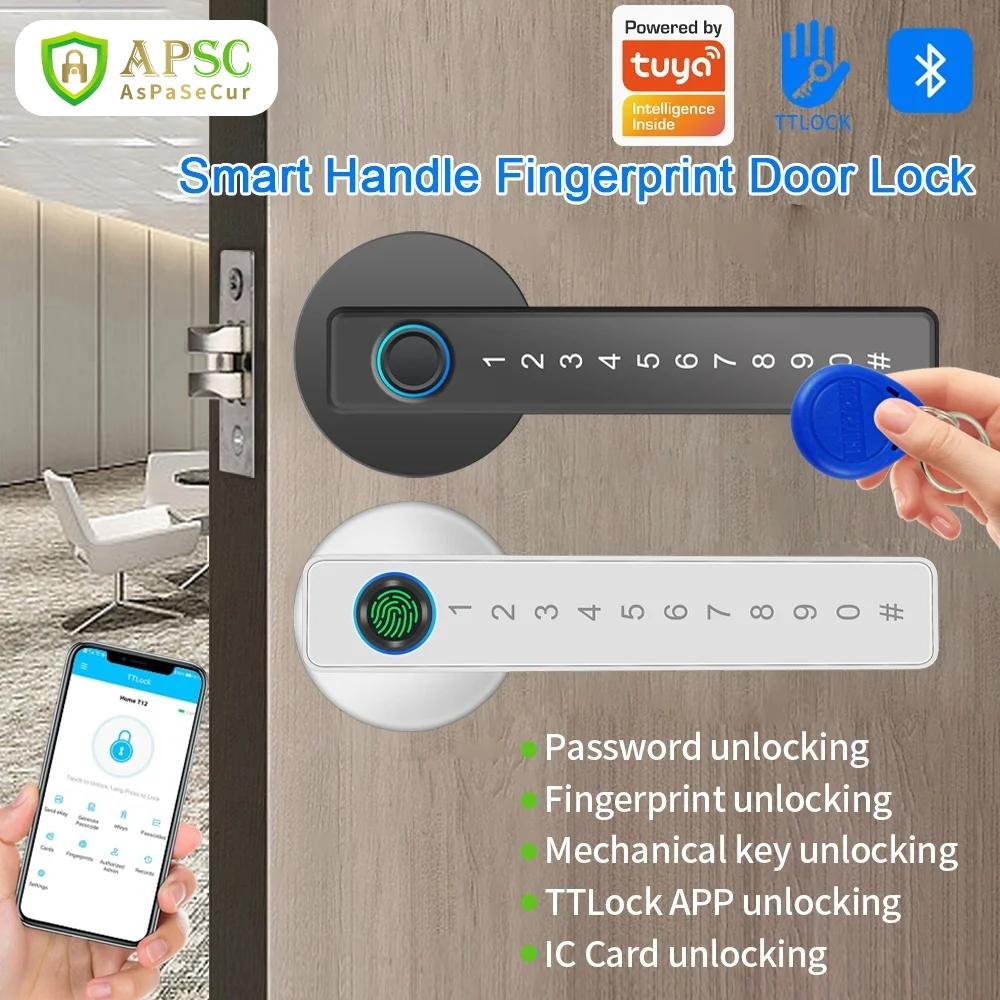 Tuya & TTLOCK APP Fingerprint Door Lock System Smart Door Handle Lock Digital Password RFID Card Reader with Key for Wooden Door