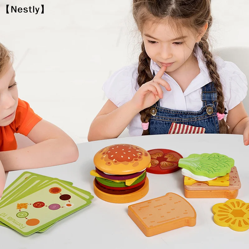 Wooden Hamburg Sandwich Stacking Toys For Toddlers And Kids Montessori Preschool Educational Fine Motor Skill Kitchen Toy〔Nest〕