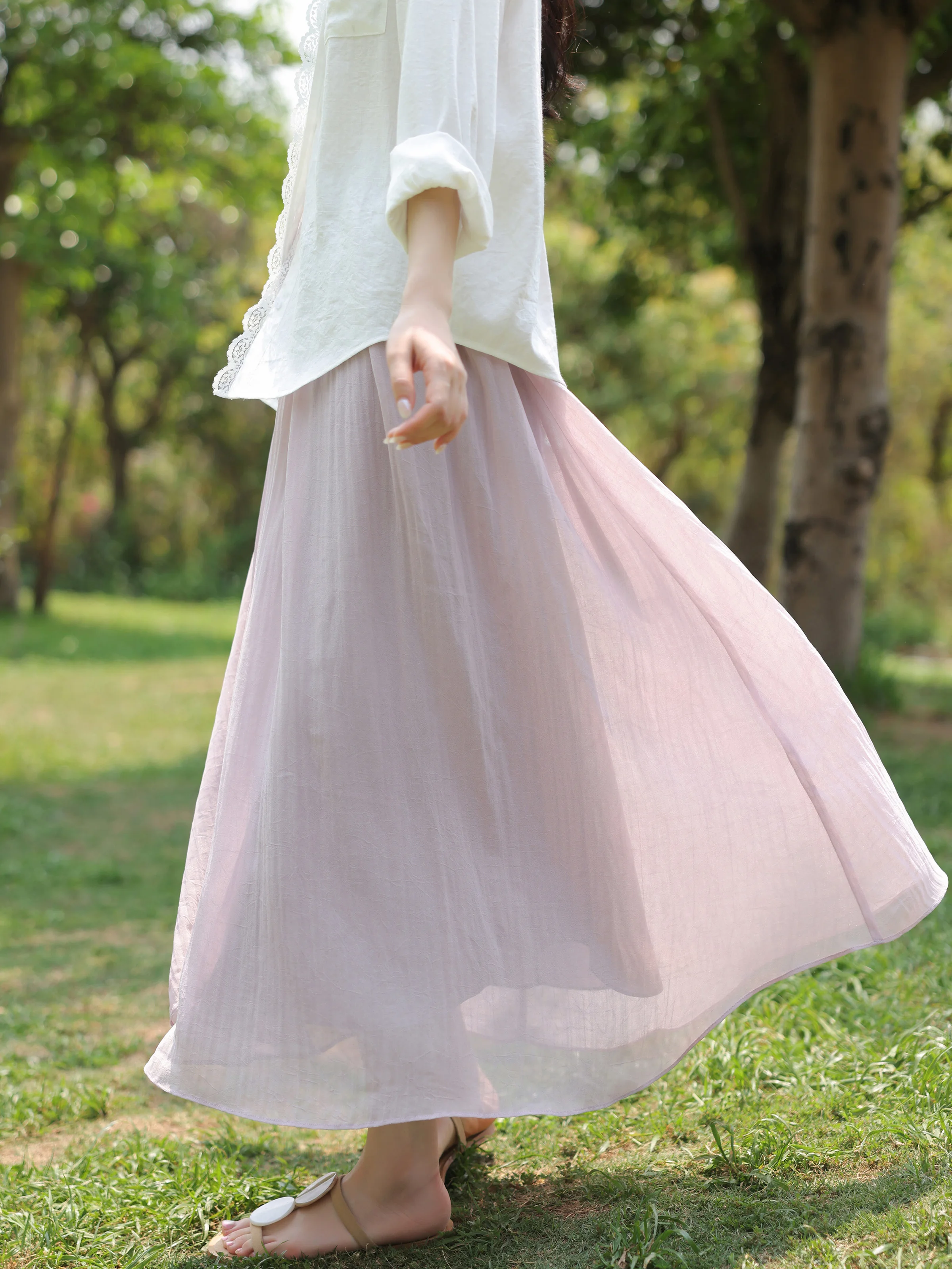 High Waist Tulle A-Line Midi Skirt for Women – Summer Elastic Waist Slim Fit Flowy Mesh Skirt French Style Soft Purple Elegance