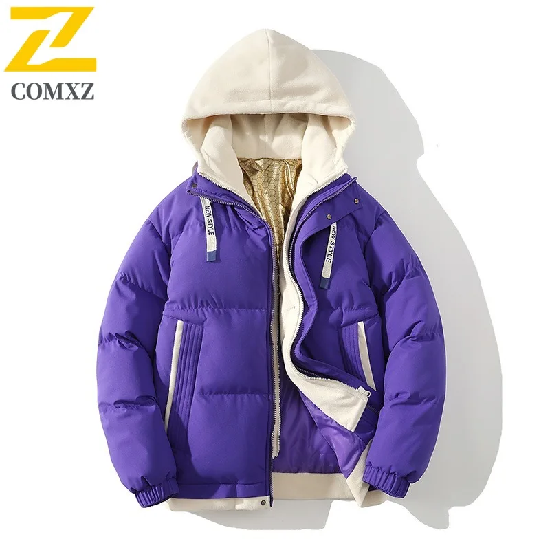 COMXZ 2025 Autumn Winter Graphene Two Piece Cotton Jacket Unisex Loose Fit Thick Color Block Hooded Fashion Coat windbreaker