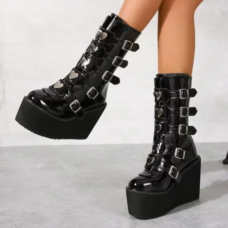 Brand Fashion Gothic Street Cool Woman Boots Wedges Buckles Big Size 43 Glittered Pink Chunky Platform Motorcycles Boots Women