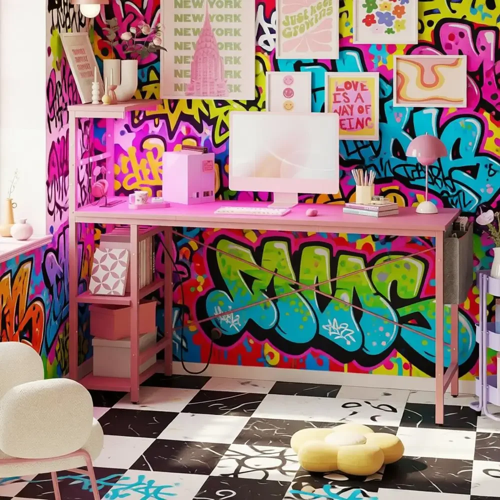 

Игровой стол со светодиодной подсветкой 61, 4 ярусными полками, розетками и боковым хранилищем для игровых ПК или спальни (розовый 3D-стиль из углеродного волокна)