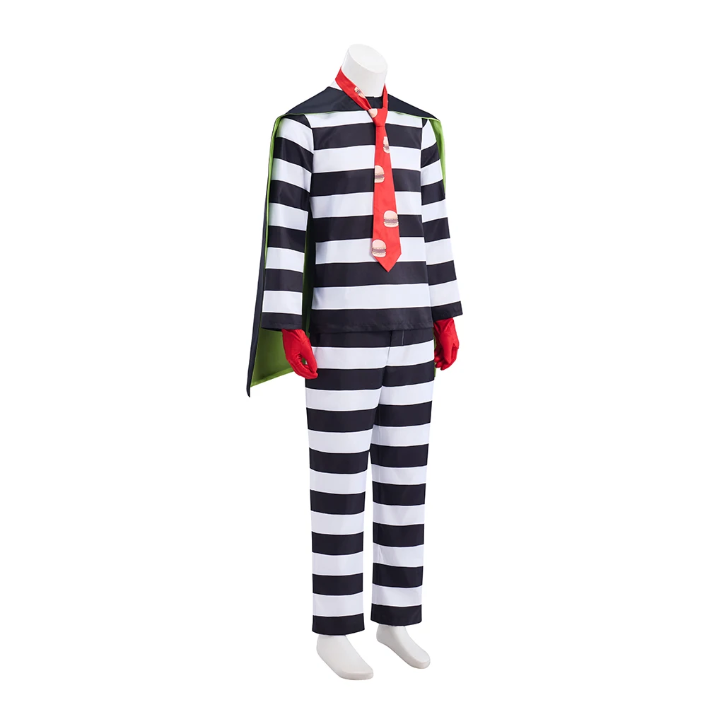 Men Hamburger Thief Cosplay Costume Black White Striped Jail Prisoner Uniform Fast Food Burglar Halloween Party Outfit with Cape view 2