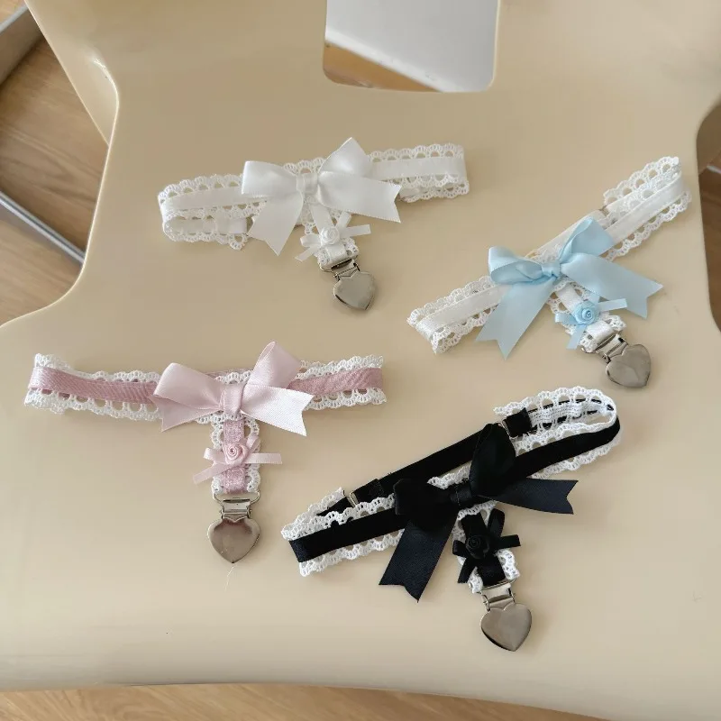 Liga de pierna de corazón rosa con lazo negro coreano, joyería hasta el muslo de encaje para moda alternativa, accesorio de arnés Sexy para chica guuda, 1 unidad