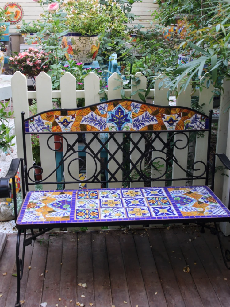 American-style Mexican outdoor wrought iron leisure park chair bench seat bench chair, featuring porcelain mosaic