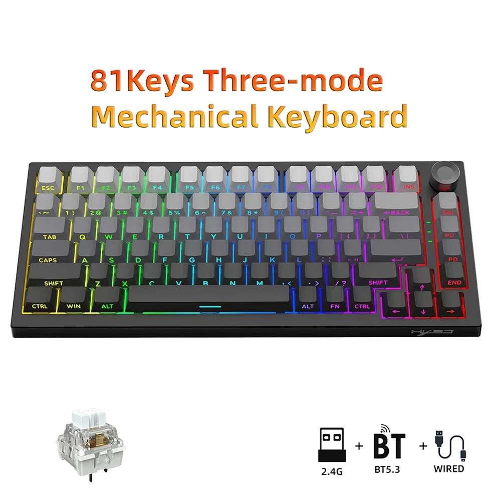 X81 81Key75% Tri-mode Mechanical Keyboard BT5.3 2.4G Wired 8000mAh PBT Side printed Keycaps RGB Backlit Silent White Switch Knob