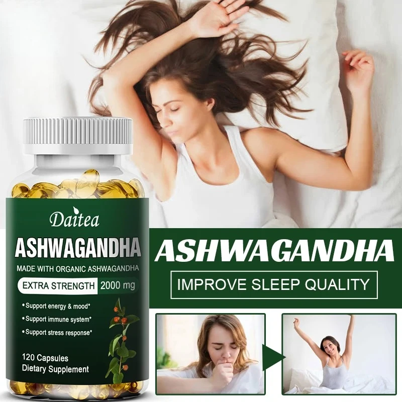 مستخلص Daitea Ashwagandha لدعم القلق والتوتر يساعد على إنقاذ النوم العميق الصحي والأرق وإدارة وزن البطن النحيف