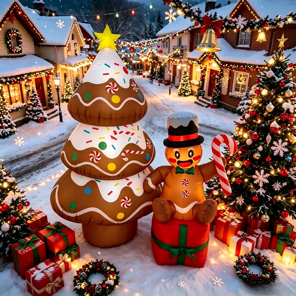 8.2FT Christmas Inflatable Gingerbread Christmas Tree with Sitting Gingerbread Man on Gift Box, Built-in LED Lights, Gingerbread Blow Up, Christmas Inflatables Outdoor Decorations for Garden, Lawn, Patio, Yard and Holiday Party Display