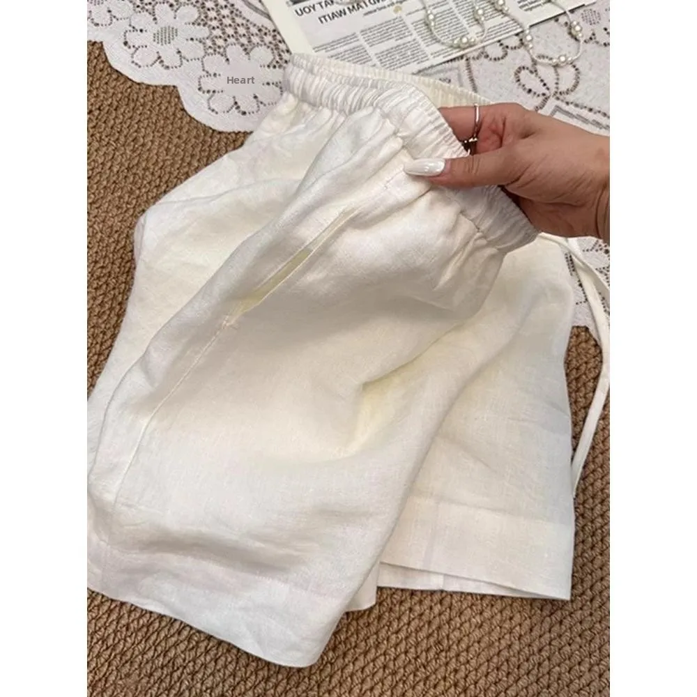 

White Linen Cotton High Waist A-Line Wide Leg Short Pants Thinming Small Size Summer Casual Trousers for Young Women