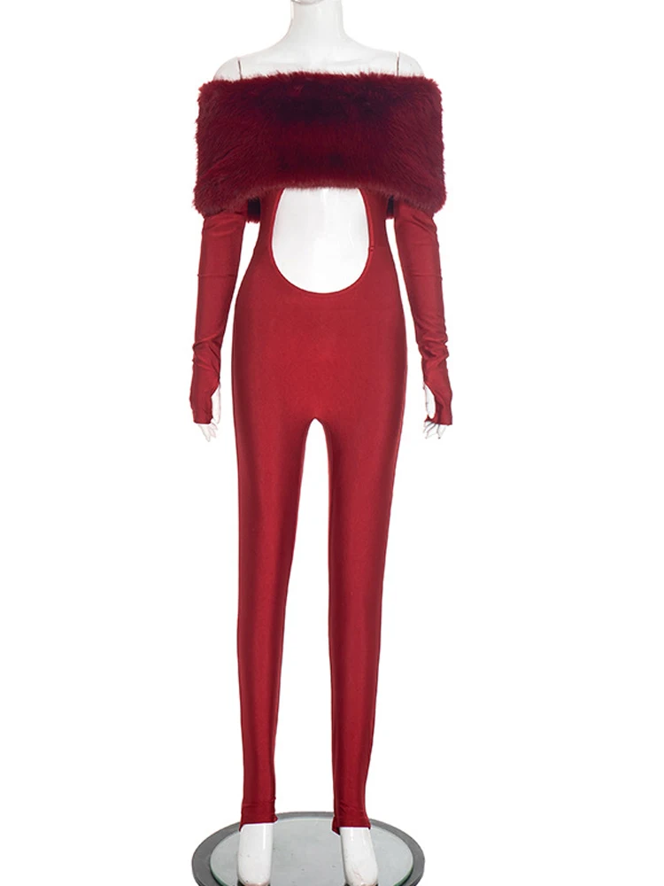 Kricesseen Splendidi tute pelose con spalle scoperte Pagliaccetti da donna Pantaloni lunghi scavati sexy Tute Salopette da notte