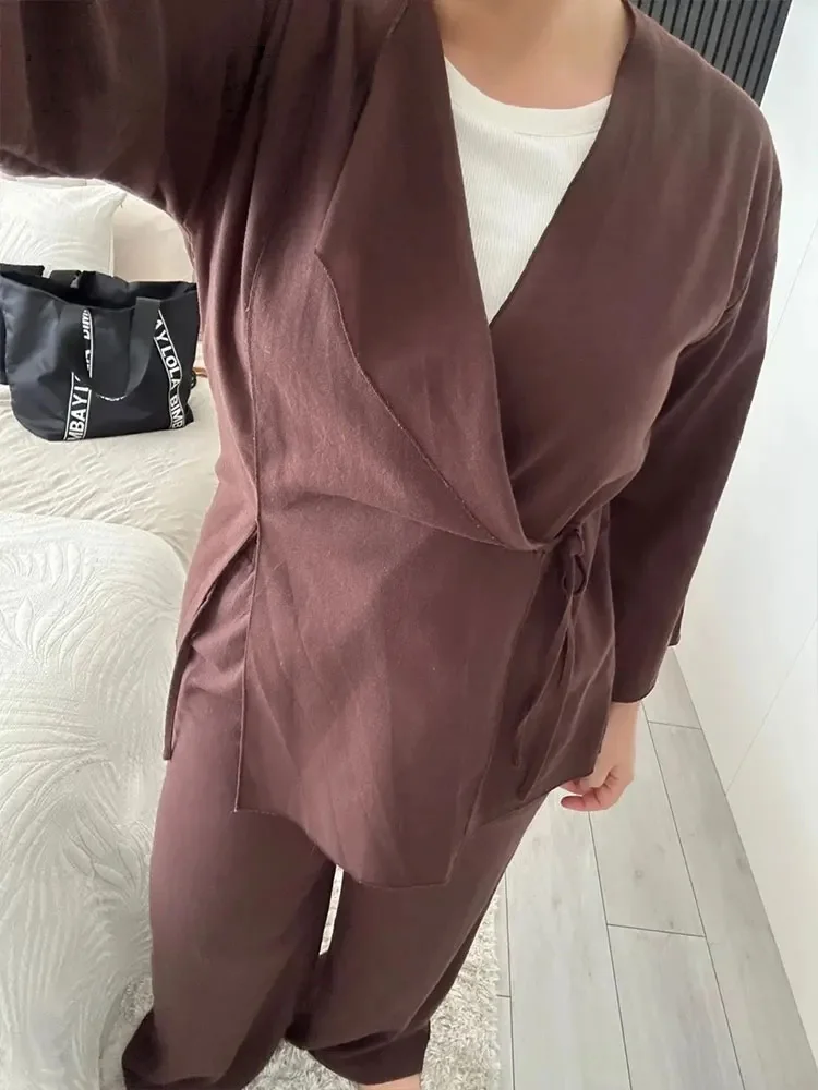 Women Pajama Style Solid Set Casual Lace-Up Long Sleeve Loose Shirt Tops Female Elegant Elastic Waist Straight Leg Pants TRAF