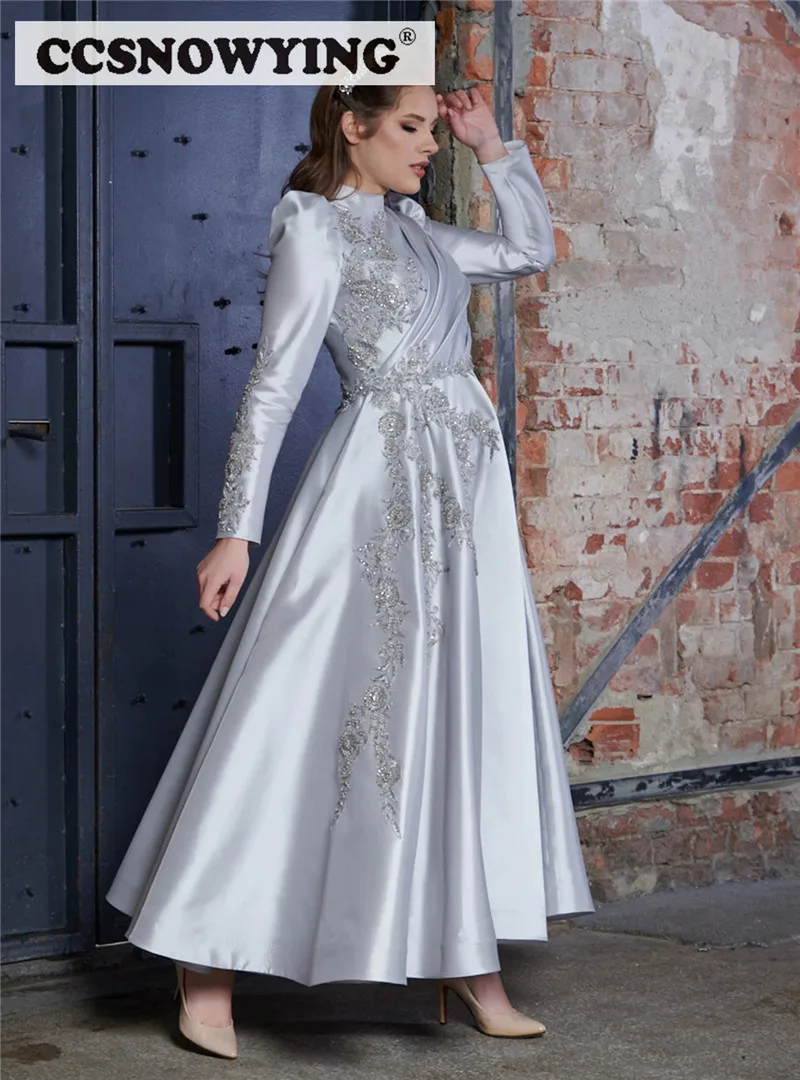 Silver Long Sleeve Muslim Evening Dresses Satin Appliques High Neck Islamic Formal Party Gown Hijab Saudi Arabia Robe De Soiree