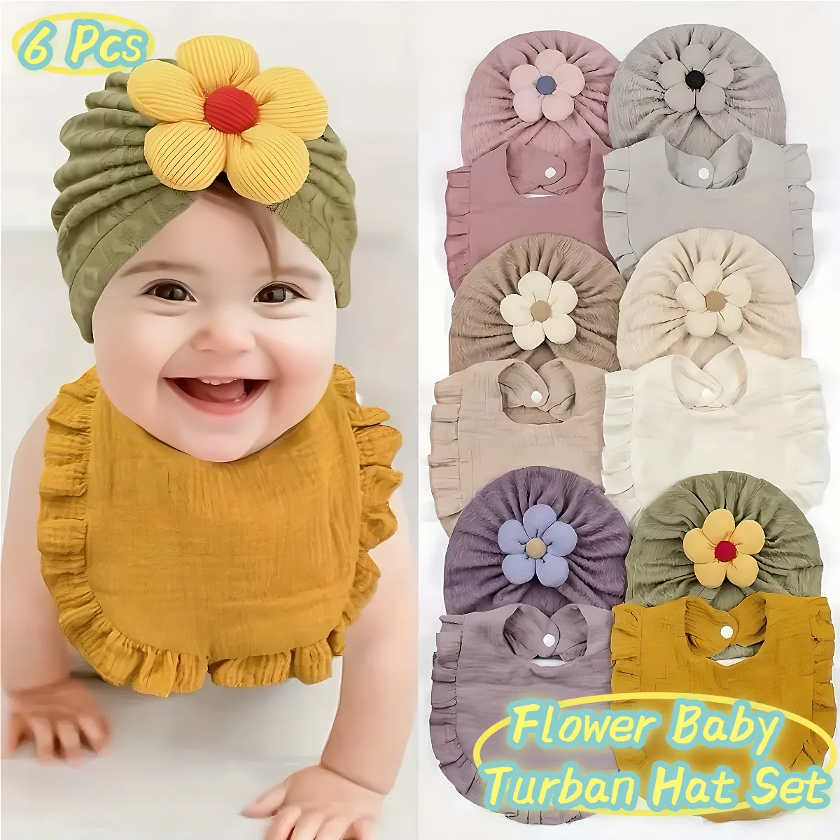 

6Pcs Adorable Baby Floral TurbHat and Bib Set - Soft Ruffled Cotton with Delicate Floral Accents, Drool Towel Set, Newborn Gifts