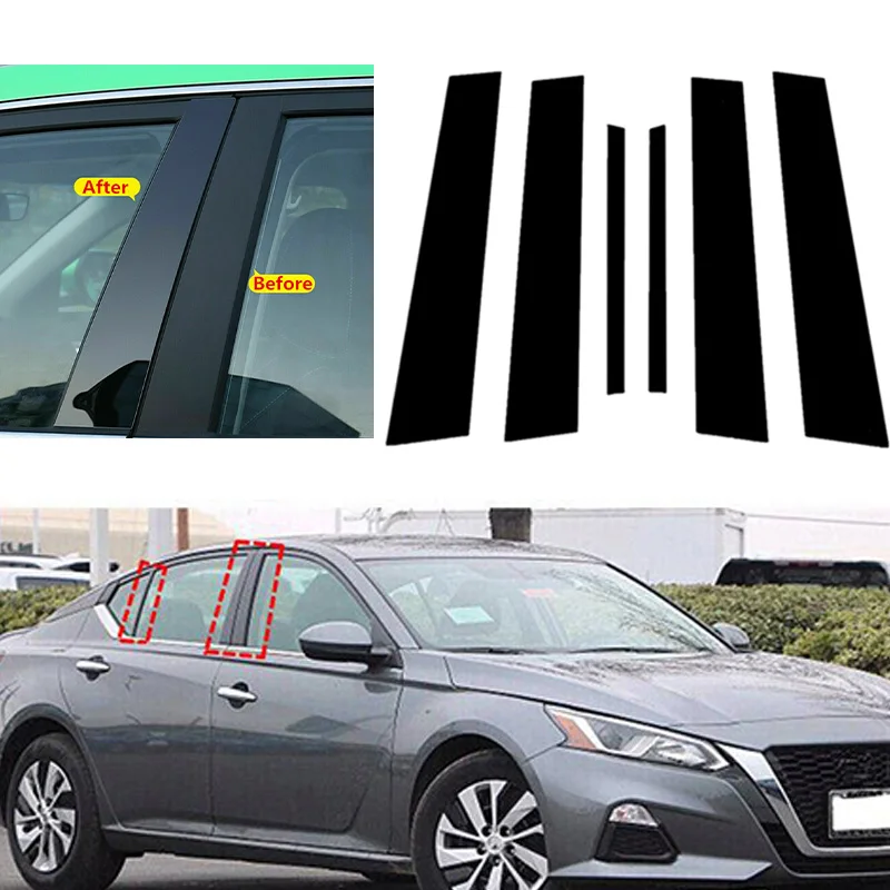 6Pcs Fit For Nissan Altima 2019 2020 2021 Gloss Black Window Trim Pillar Post Door Cover B C Column Sticker Decoration Set