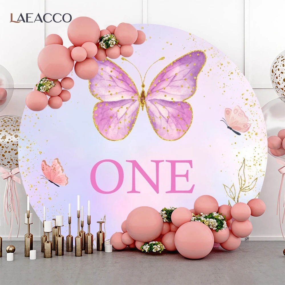 Butterfly Flowers Round Background for Photography Girls Birthday Party Pink Flowers Decoration Cake Smash Circle Cover Backdrop