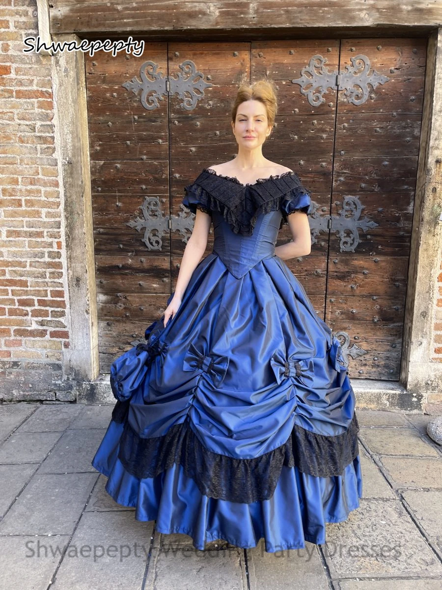 Costume storico abiti da ballo da donna del 19 ° secolo con scollo a v abito da ballo blu Navy rinascimentale abito da sera in maschera vittoriana