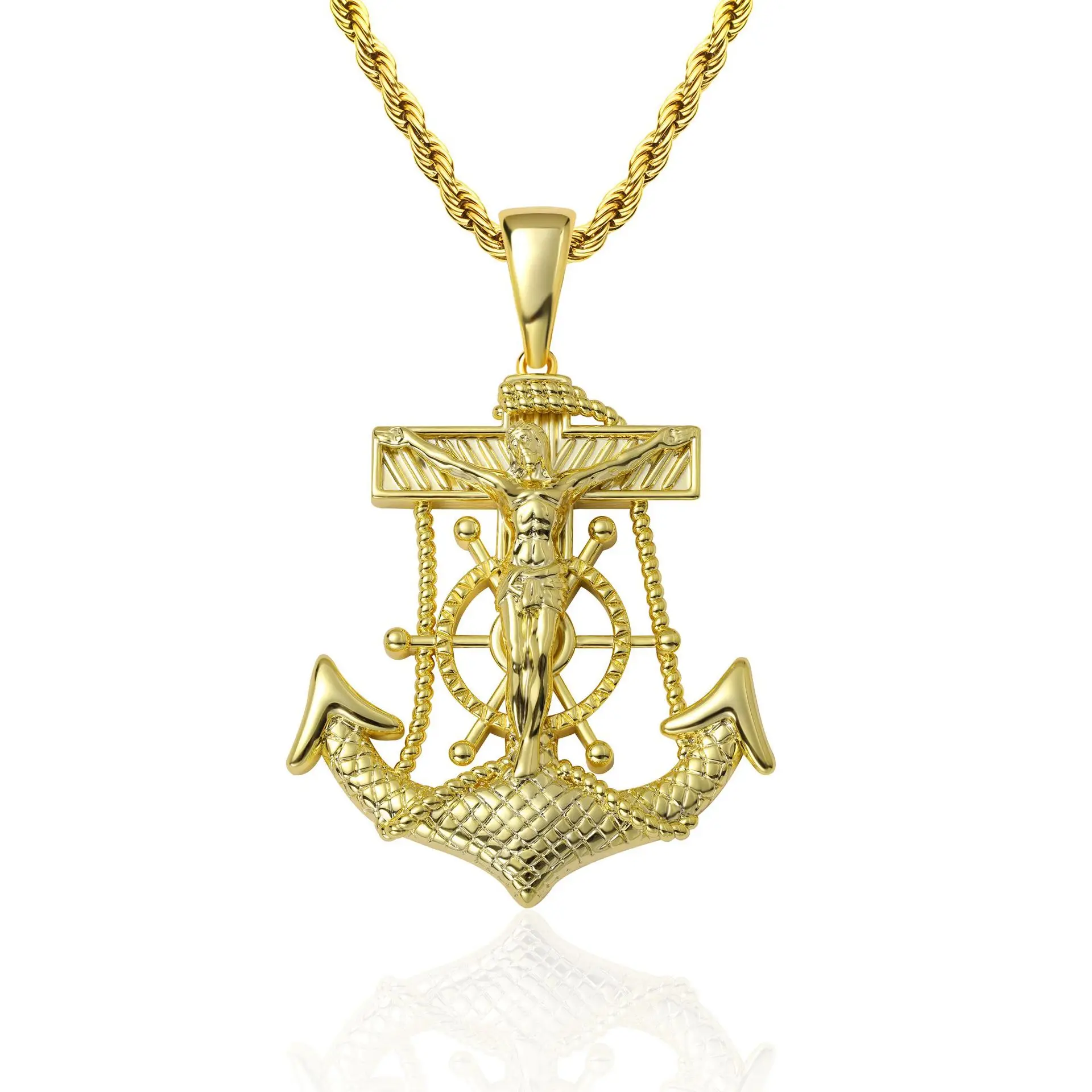 

New Trend of Personalized & Fashionable Hip-Hop Jewelry Gifts: New Brass Gold-Plated Inlaid Zircon Portrait & Anchor Pendant Nec