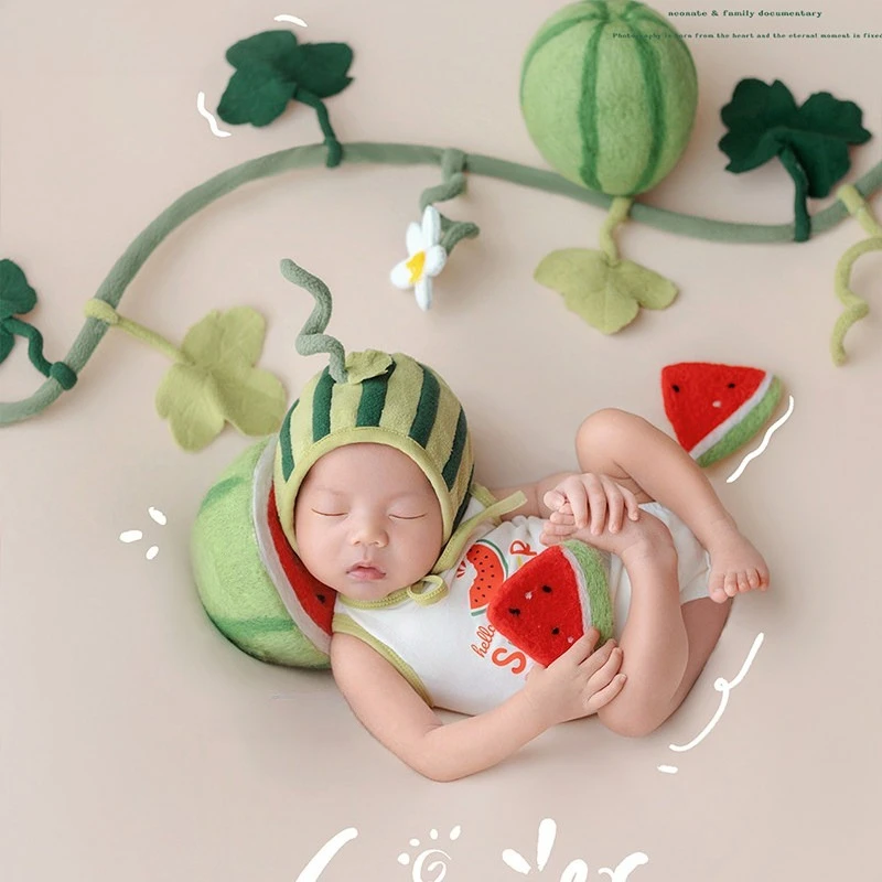 Newborn Photography Props Baby Photoshoot Summer Watermelon Theme Set for Studio Photo Shooting Outfit Backdrop for Studio Shoot