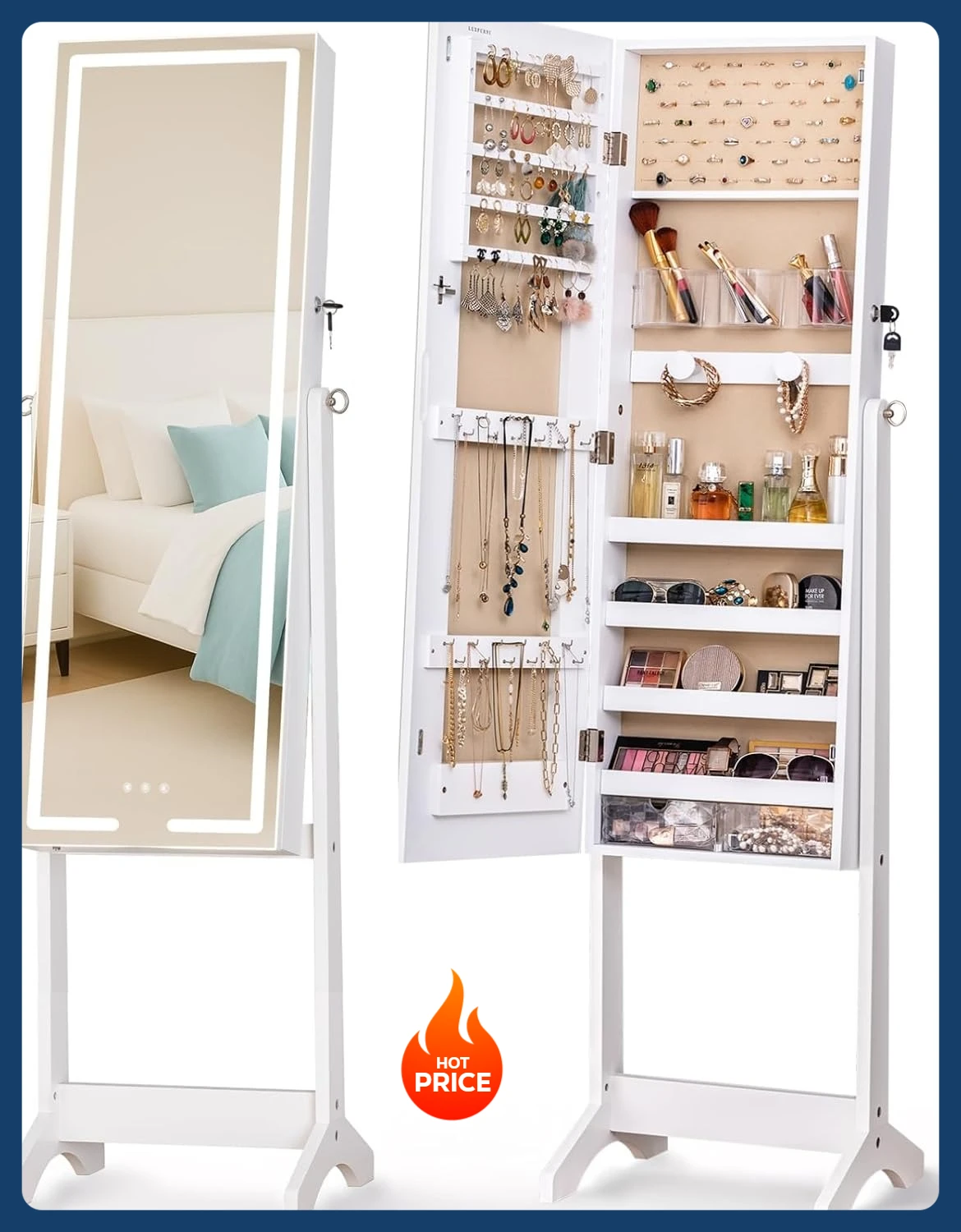 

[New Arrival!]LED Mirror Jewelry Cabinet Standing Jewelry Armoire, 60" Full Length Mirror with Jewelry Storage, 3 Color Modes, 3