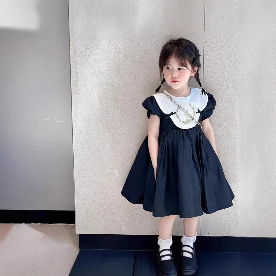 Girls Casual Dresses Flower Embroidered Lapel Bubble Bag Short-sleeved Dress Kids Dresses for Girls 2 To 7 Years