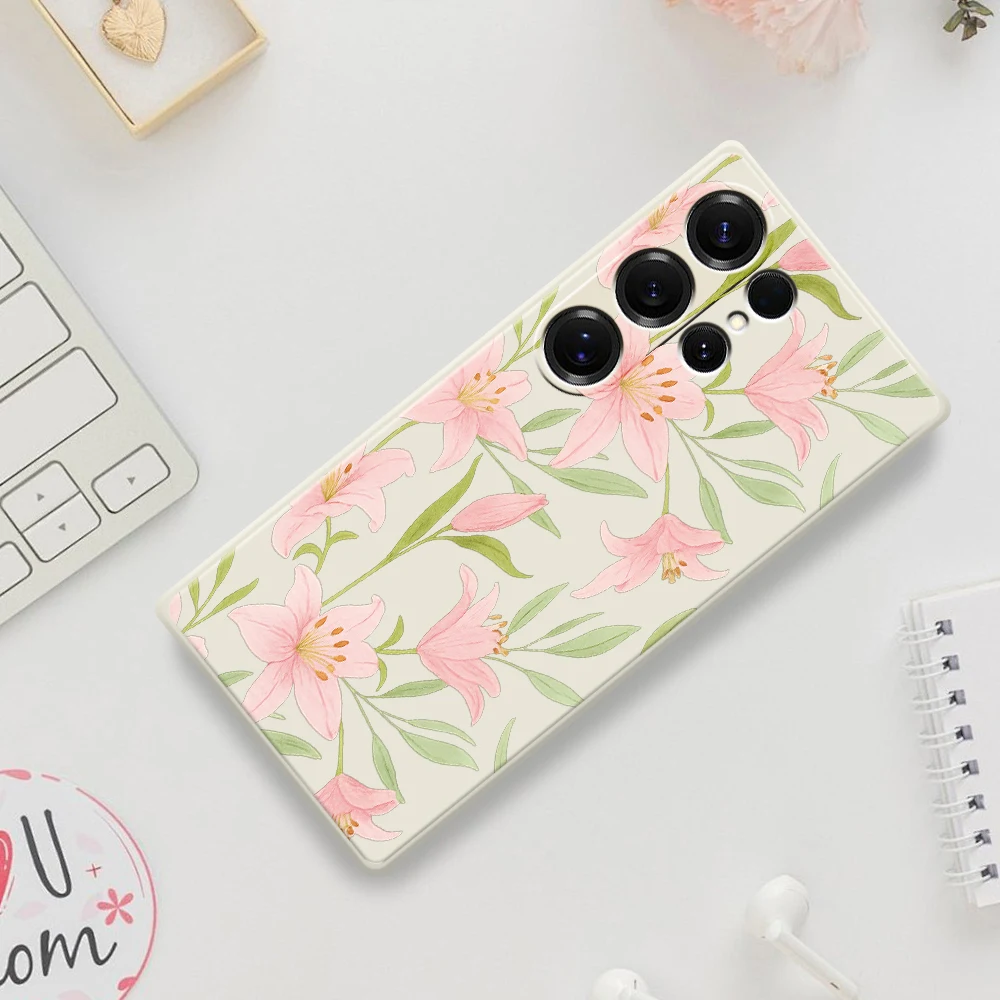 Fresh Pink Flower Phone Case For Samsung Galaxy S25 S24 S23 S22 S21 S20 Ultra Plus S10 S20 FE S21FE S23FE S24 FE 5G TPU Cover