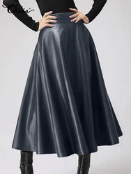 Women Long Skirts Fashion Leather PU Skirt Celmia 2023 Solid Office Lady Midi Skirts Elegant High-Waisted Party Skirt Bottoms