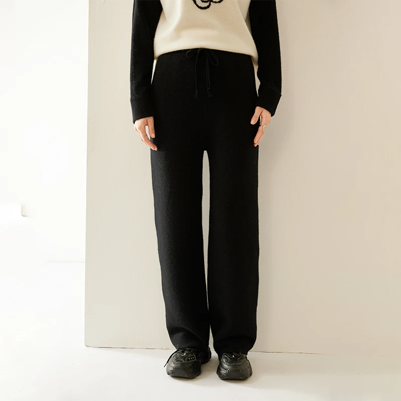 

High Quality 100% Cashmere Women Elasticity Waist Wide-Leg Trousers Autumn Winter Thickened Knitted Pants Casual Sport Pants
