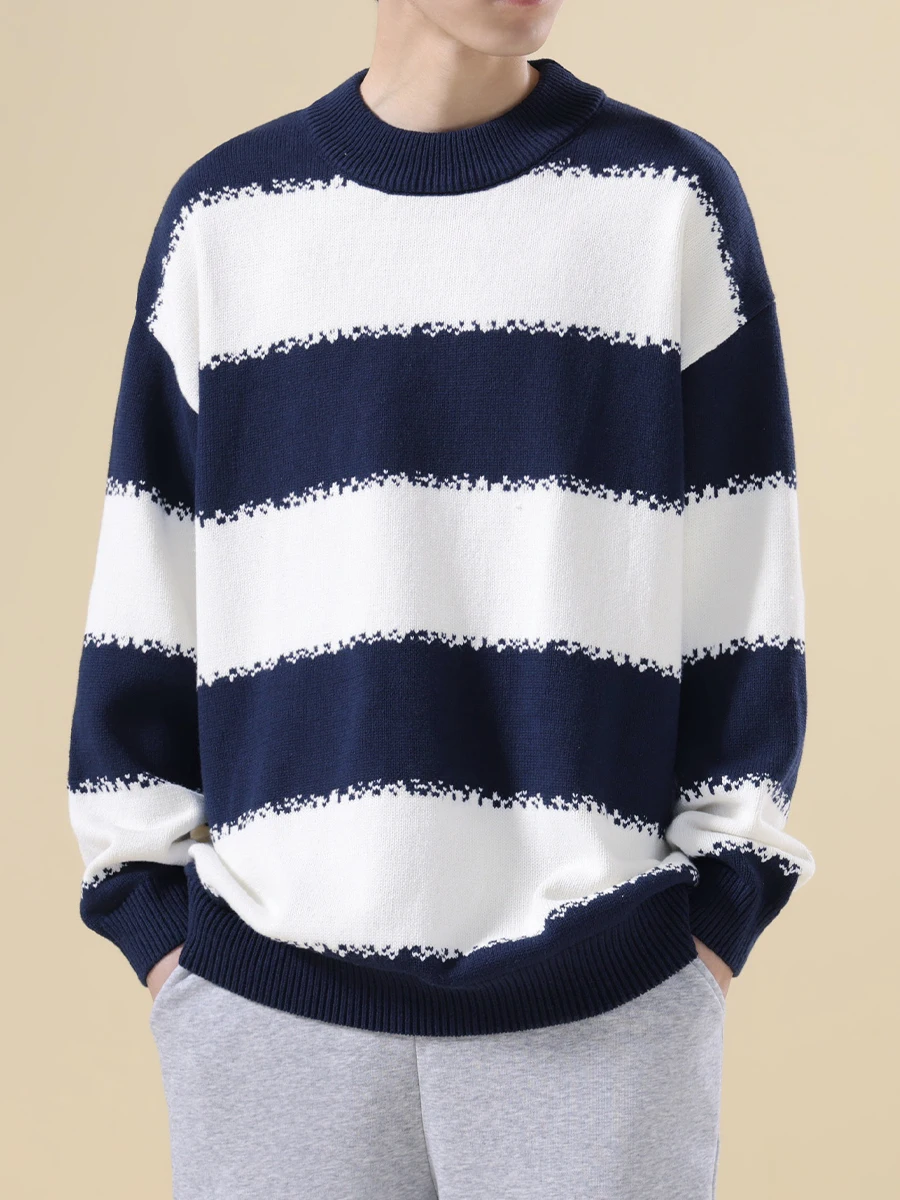 

Loose Fit Casual Long Sve Crew Ne Pullover Striped Patchwork Color Blo Men's Sweater Autumn Winter Street Sle Knitwear