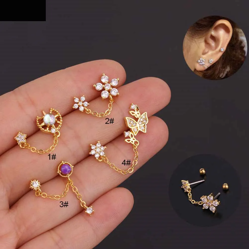 

2 шт. корейская версия креативных цирконовых цветов с двойной проколотой винтовой шпилькой для пирсинга ювелирных изделий