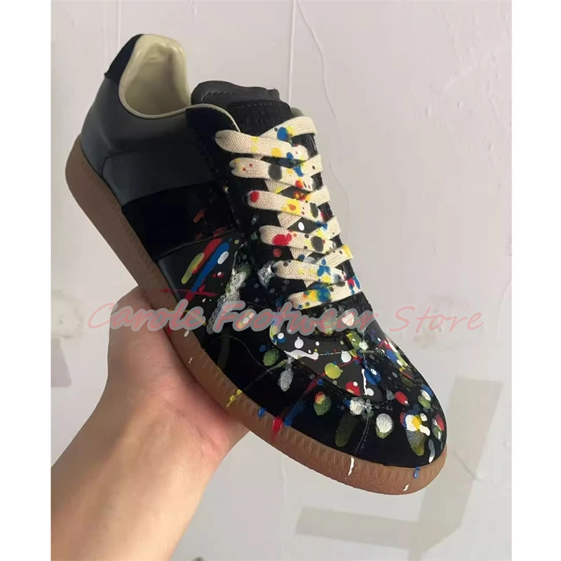 Fashion Mixed Color Chunky Bottom Lace-Up Sport Shoes Male Graffiti Print Genuine Leather Sneakers for Men Shallow Casual Shoes