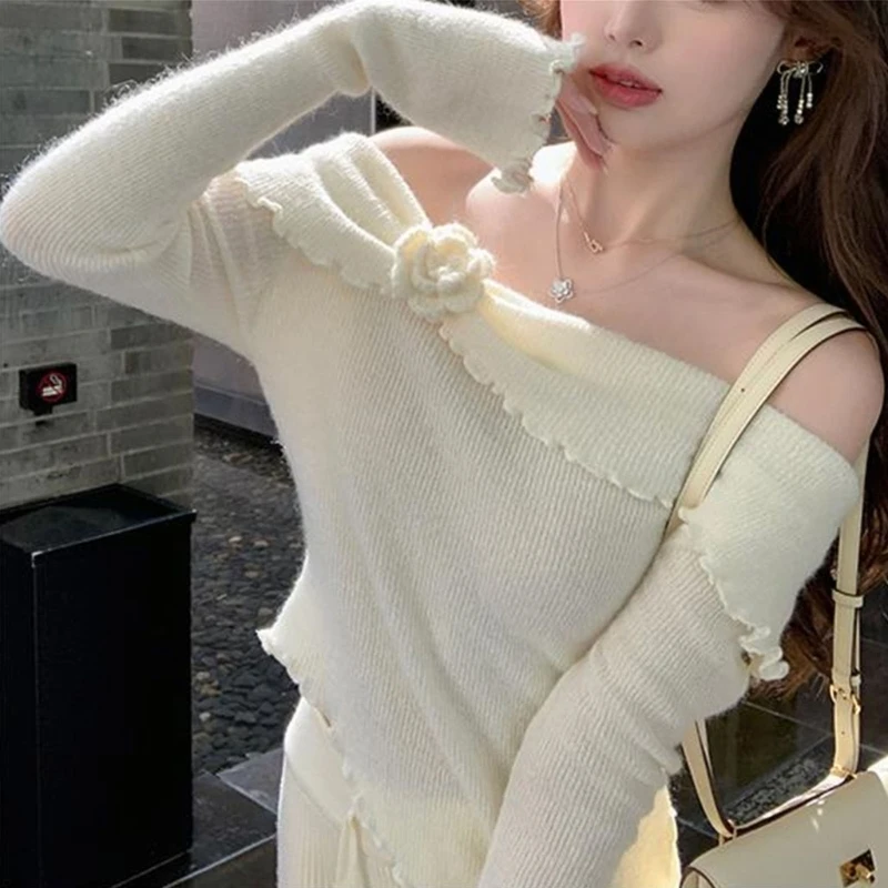 Women Sexy off Shoulder Knit Sweater Spring Autumn Pullover Jumper Tops Lady Casual Irregular Long Flared Sleeves Knitwear Shirt