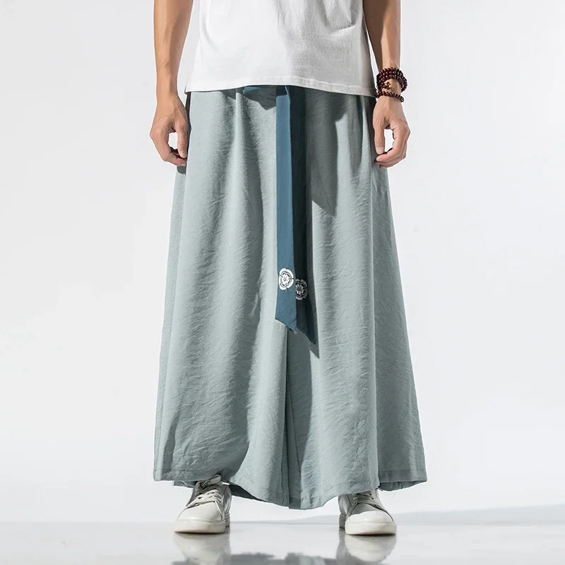 2026 Japanese Kimono Men Wide Leg Pants Joggers Retro Loose Trousers Man Yukata Style Linen Pants Big Crotch Nepal Robe Trousers