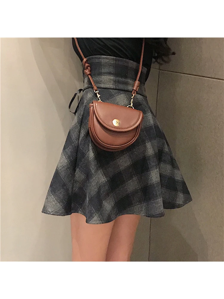 Women Plaid Mini Skirt Y2k Dark Grey A-Line Skirts Harajuku Korean Vintage 90s Lace-up High Waist Skirt Emo 2000s Trashy Clothes