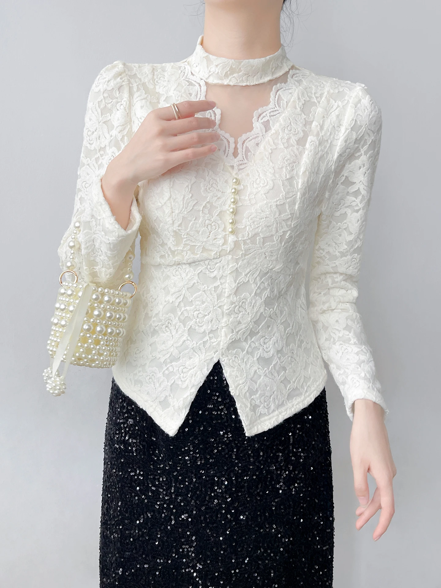 

Romantic Sle Women's Fce Lined irt Hollow out Design Slimming Long Sve Stand Collar Casual Cotton Blend Top