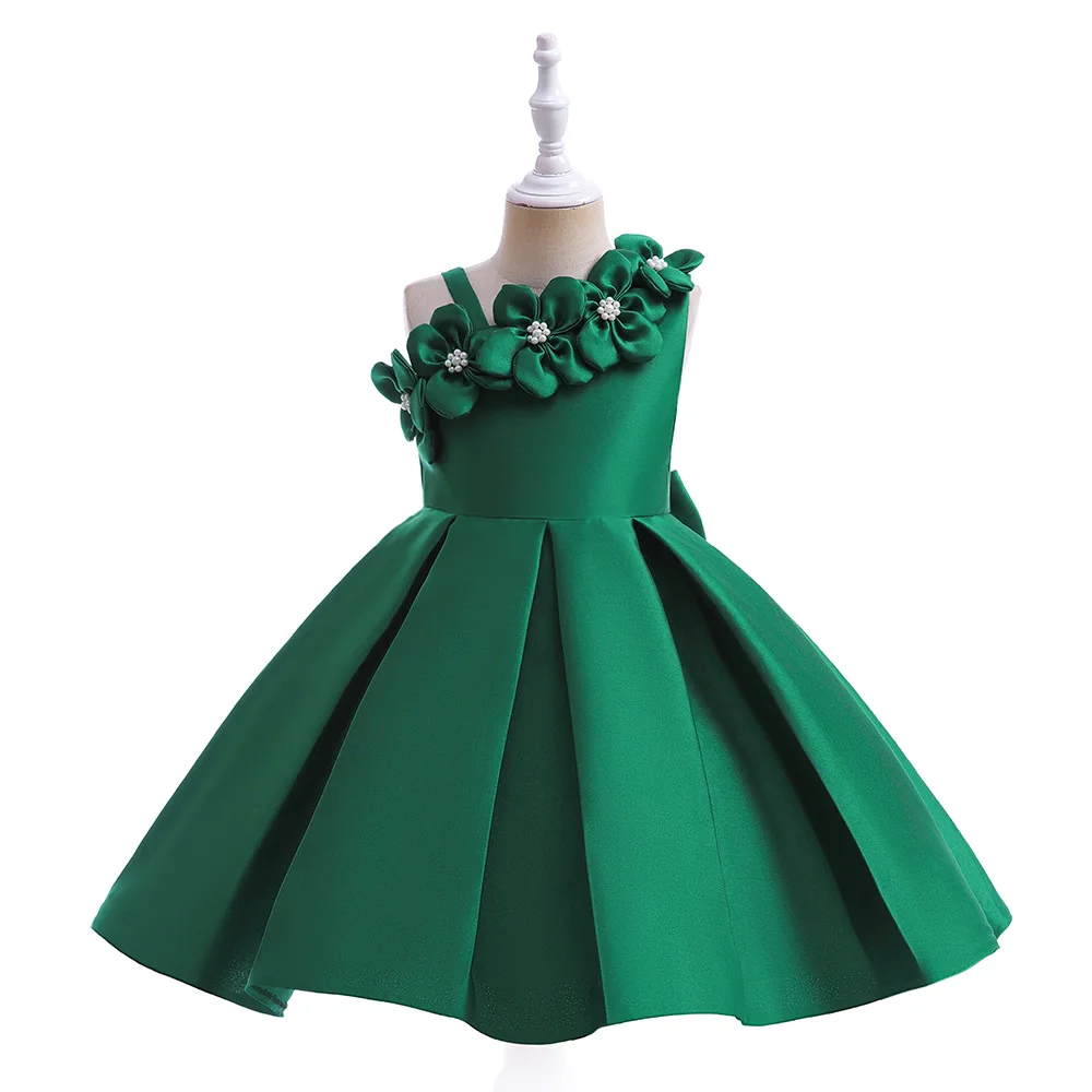 Girls Party Dresses 6 Colors 110cm-150cm Christmas Kids Dress Ball Gown Green Satin Skirt Piano Performance Children Photograph