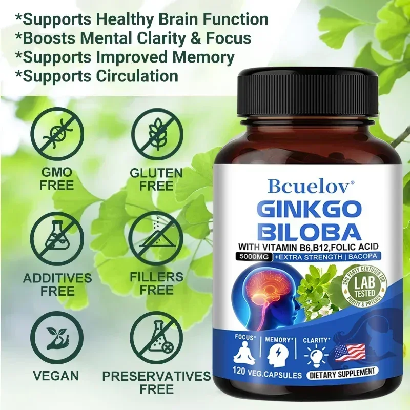 Ginkgo Biloba 5000 mg Extra Strength - Supports Brain Function and Memory, Focus, Stress Relief, 120 Veggie Capsules