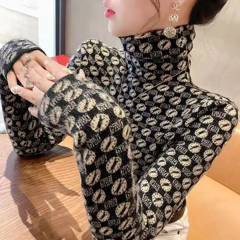 Odzież damska Vintage All-match Turtleneck Swetry z dzianiny Jesień Zima Moda Slim Turtleneck Pullover Office Lady Paisley Top