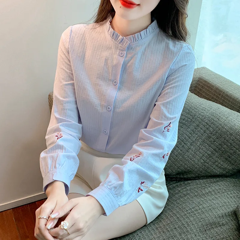 

2024 Spring New Fashion Embroidery Long Sleeved Women Cotton Linen Shirt Cotton Comfortable Female Blouse