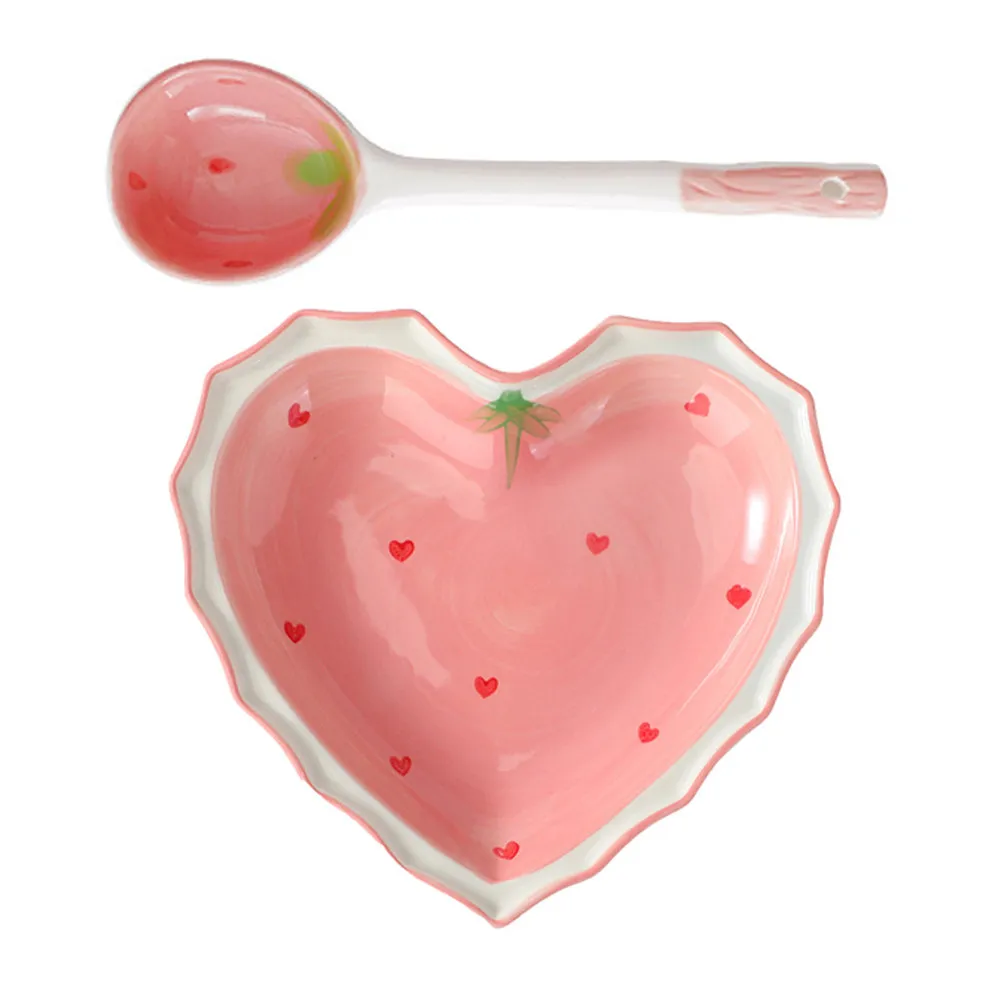 Heart Shape Ceramic Bowl For Kitchen Tableware Shaped Strawberry Spoon Set Cute Salad Dessert Breakfast Kawaii