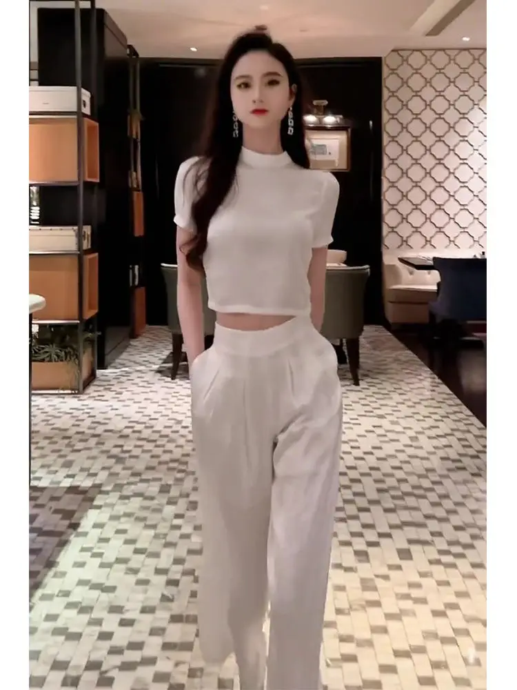 새로운 여름 럭셔리 여성의 두 조각 세트 하이 엔드 짧은 소매 자르기 탑 블라우스 + 높은 허리 넓은 다리 바지 우아한 패션 정장